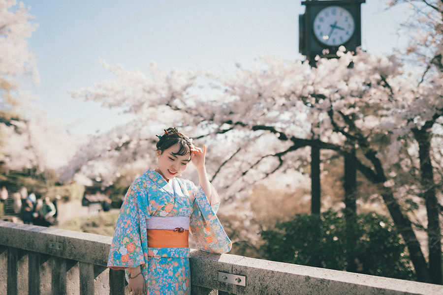Young woman wearing a kimono suit posing in front of cherry blossoms.
