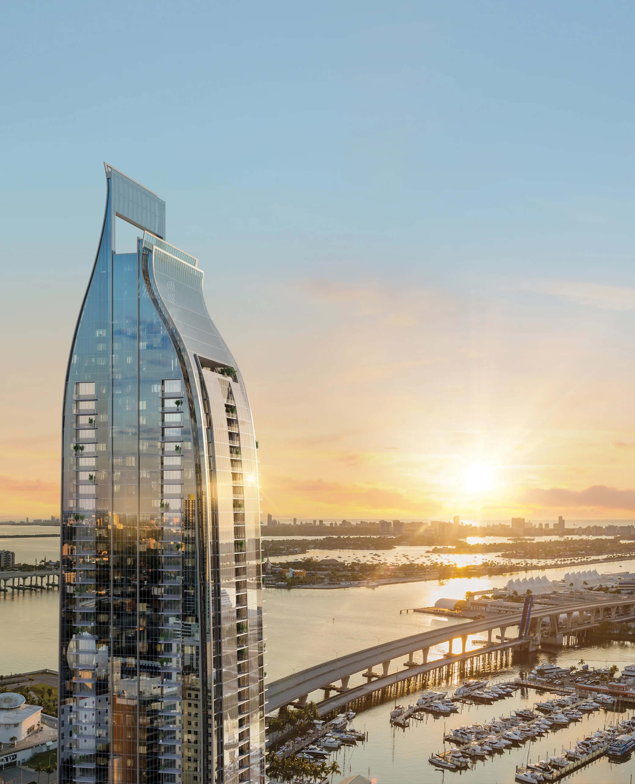 City skyline with skyscrapers and yachts.