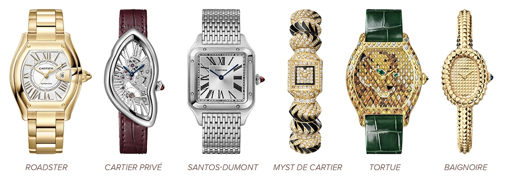 A series of six gold and silver watches with gemstones.